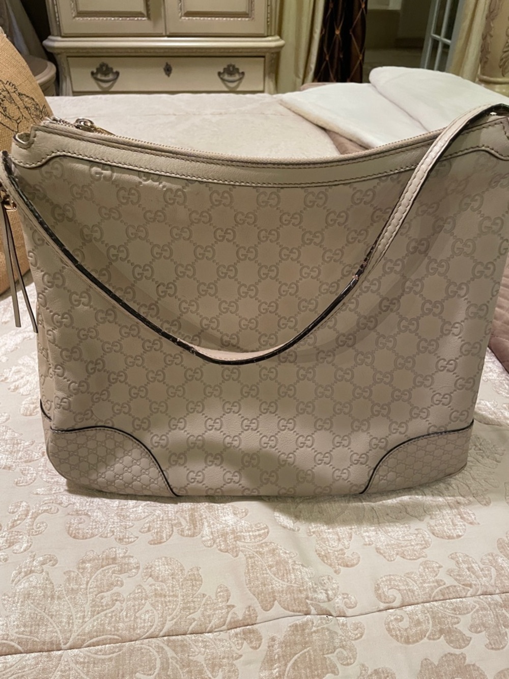 Gucci Cream Monogram Canvas Shoulder Bag with Leather Trim